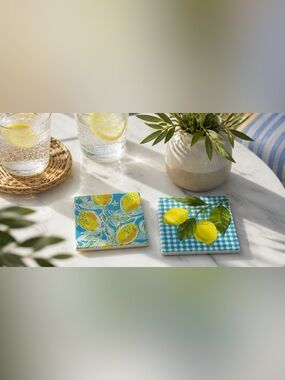 Lemon Coaster Set of 2, Citrus Kitchen Decor, Italian Summer Ceramic Coasters